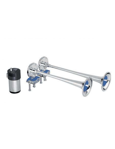 Klaxon a 2 trompes + compresseur Chromé 12v 396mm 118db Hydra 2